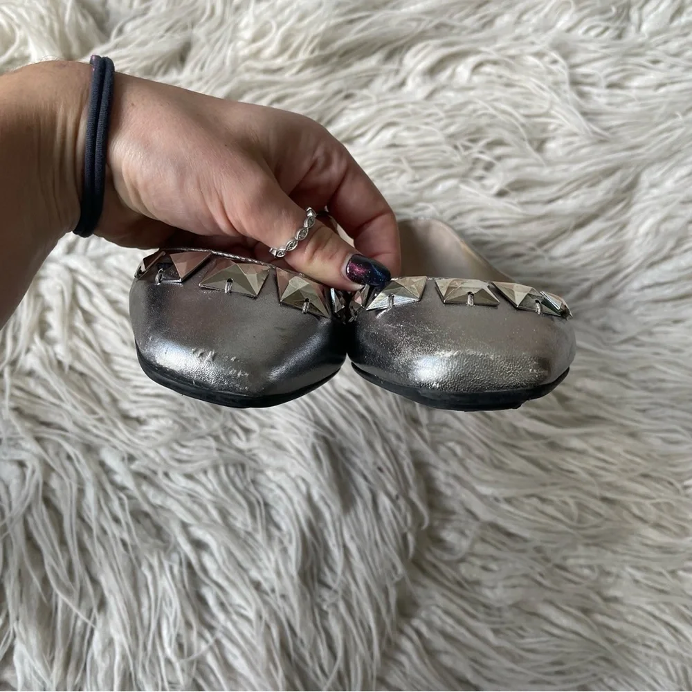 Jimmy Choo Watson Silver Metallic Calf Leather Studded Accents Ballet Flats 37